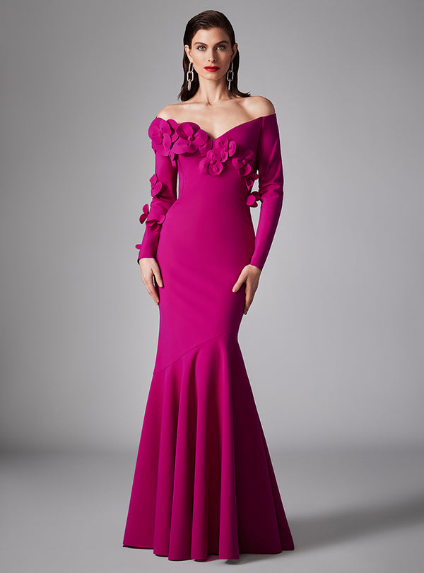 A luxurious off-the-shoulder mermaid gown adorned with 3D flowers, ideal for evening events and mother of the bride or groom occasions.