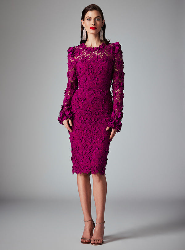 Long sleeve dress (Style F4559) by Frascara with floral bodice, ideal for evening events or mother of the bride/groom attire.