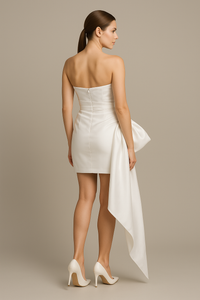 Model wearing Gia Franco 1110 strapless cocktail dress with asymmetrical pleating and side bow drape.