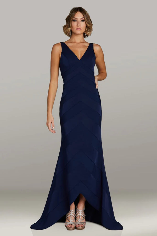 Model wearing Gia Franco 12424 sleeveless V-neck gown with chevron detailing and high-low hemline, suitable for formal evening events and mother of the bride or groom.
