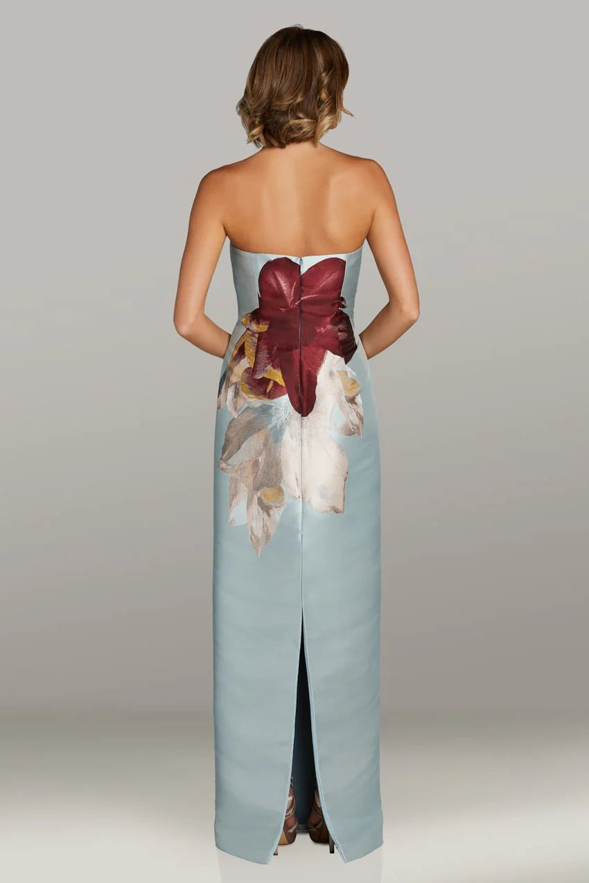 Gia Franco 12433 Strapless Mikado Column Evening Dress - An elegant gown featuring a fitted column silhouette, square neckline, back slit, and artwork of leaves and petals cascading down the dress for sophistication and style.