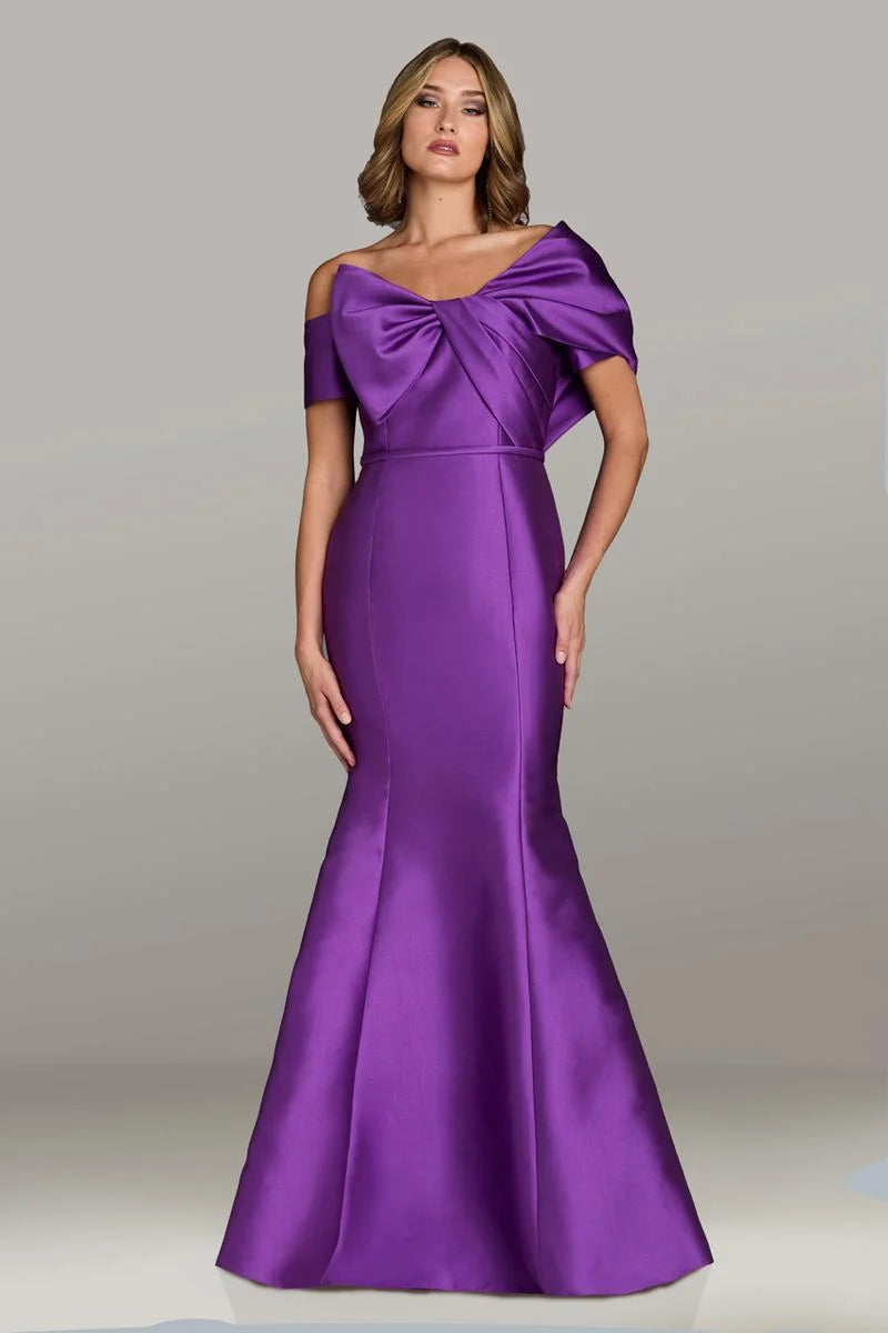 Gia Franco 12508 off-shoulder satin gown in purple with oversized bow back, fit-and-flare silhouette, perfect for formal evenings and mother of the bride or groom.