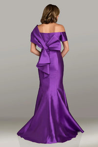 Gia Franco 12508 off-shoulder satin gown in purple with oversized bow back, fit-and-flare silhouette, perfect for formal evenings and mother of the bride or groom.