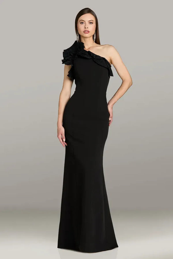 Model wearing Gia Franco 12563 one-shoulder gown with ruffle detail and floor-length silhouette, shown from front and back views.
