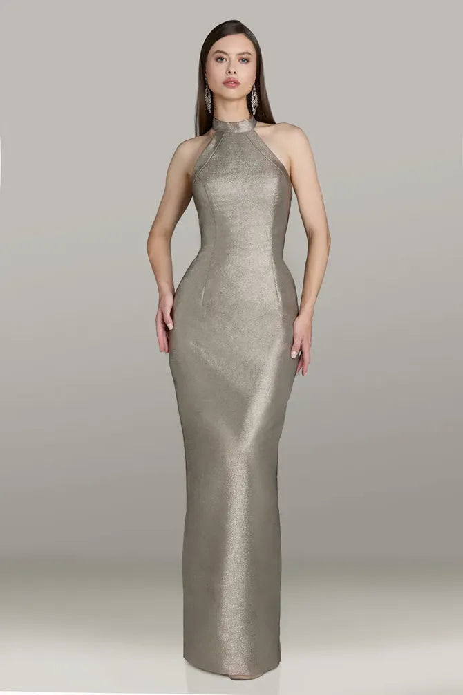 Model wearing Gia Franco 12564 halter column gown with crisscross back, button detail, and back slit.