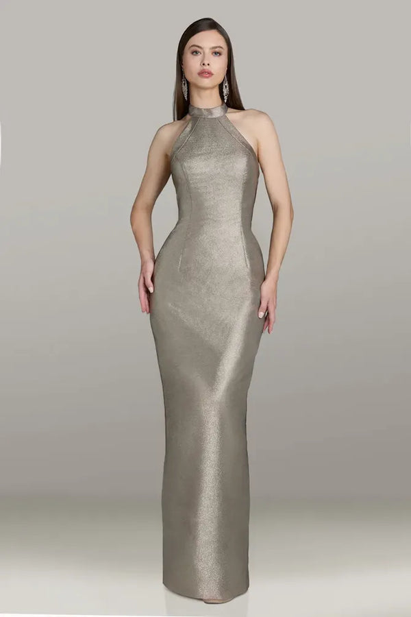 Model wearing Gia Franco 12564 halter column gown with crisscross back, button detail, and back slit.