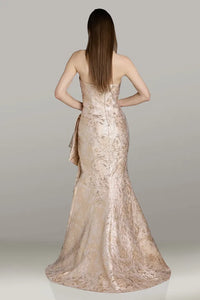 Model wearing Gia Franco 12590 strapless evening gown with draped waist and flared skirt, suitable for formal evening and mother of the bride or groom occasions.