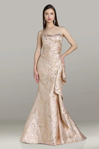 Model wearing Gia Franco 12590 strapless evening gown with draped waist and flared skirt, suitable for formal evening and mother of the bride or groom occasions.