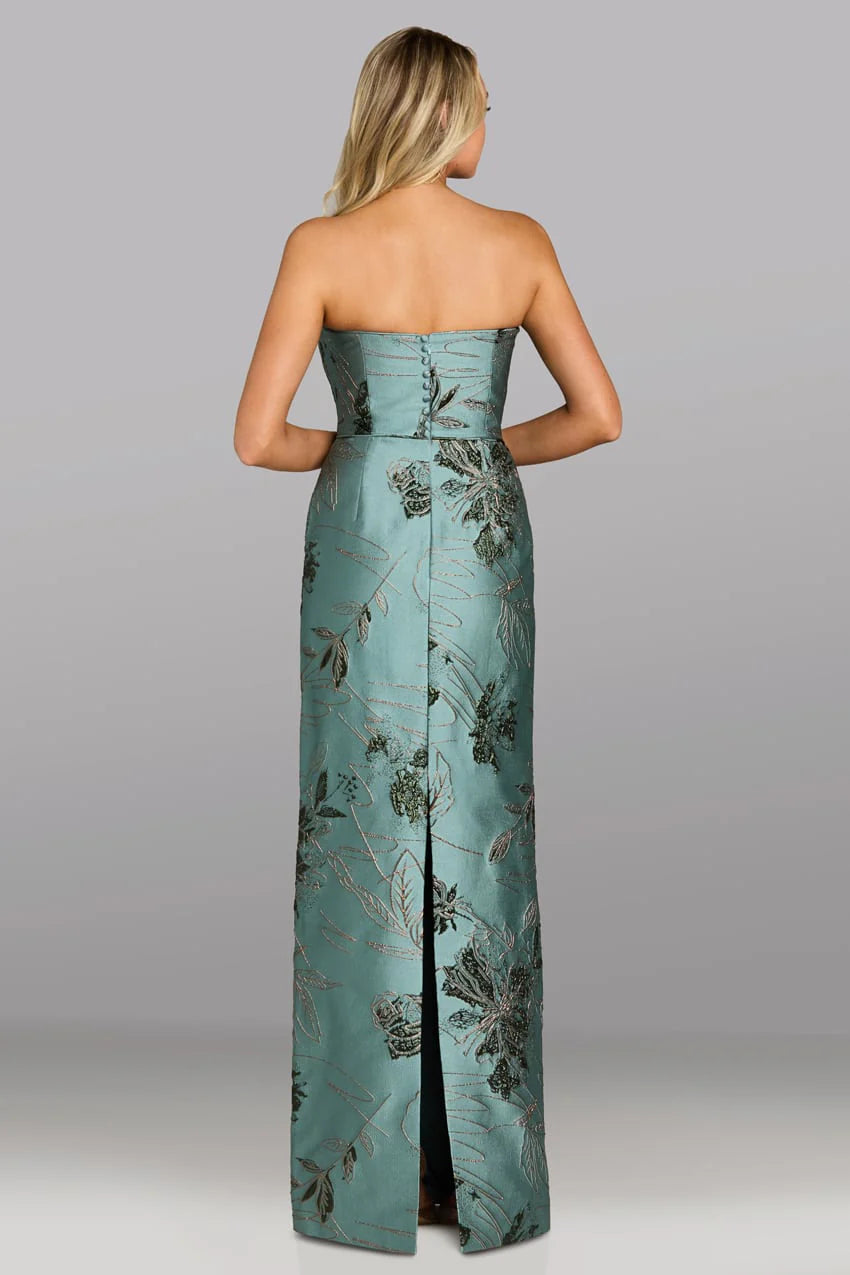 Model wearing Gia Franco 12615 strapless evening gown with floral embroidery and sleek column silhouette.
