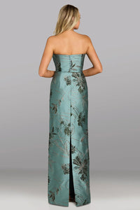 Model wearing Gia Franco 12615 strapless evening gown with floral embroidery and sleek column silhouette.