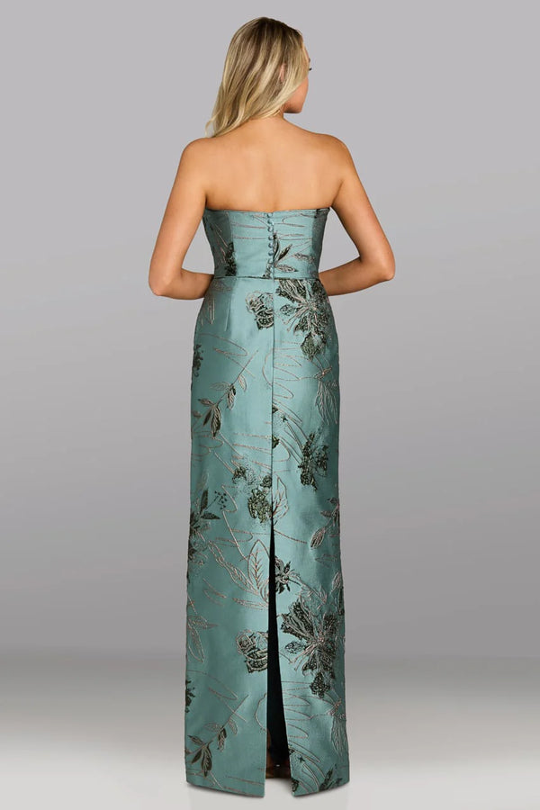 Model wearing Gia Franco 12615 strapless evening gown with floral embroidery and sleek column silhouette.