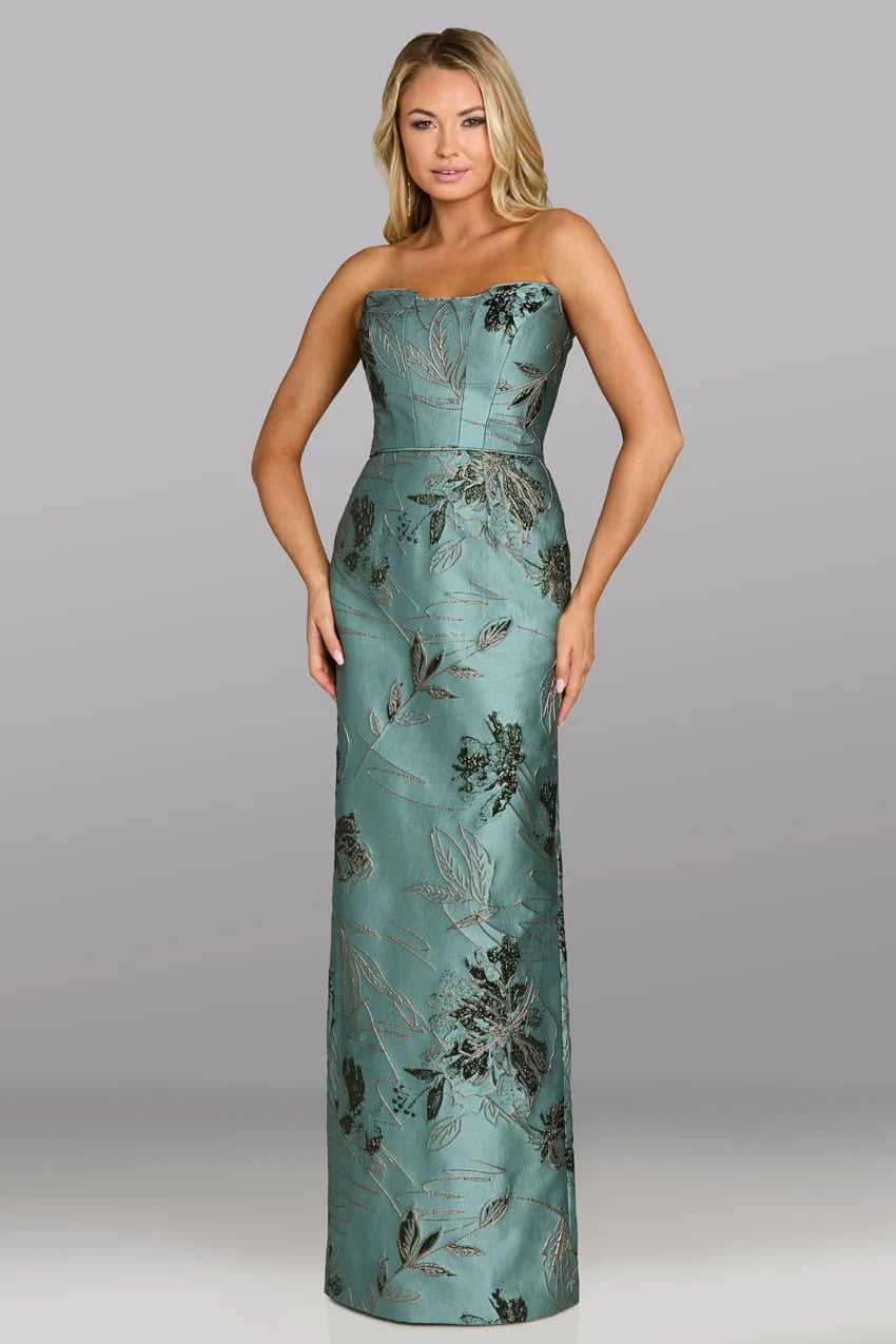 Model wearing Gia Franco 12615 strapless evening gown with floral embroidery and sleek column silhouette.