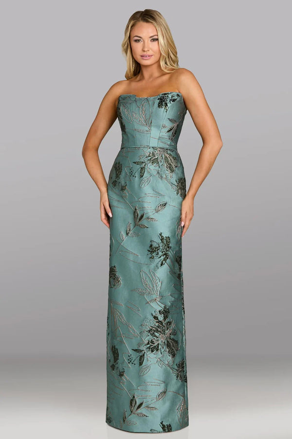 Model wearing Gia Franco 12615 strapless evening gown with floral embroidery and sleek column silhouette.