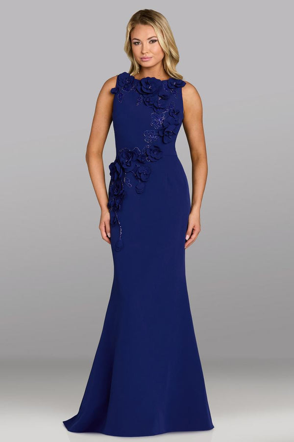 Model wearing Gia Franco 12645 sleeveless column gown with floral appliqué detailing and elegant fitted silhouette.