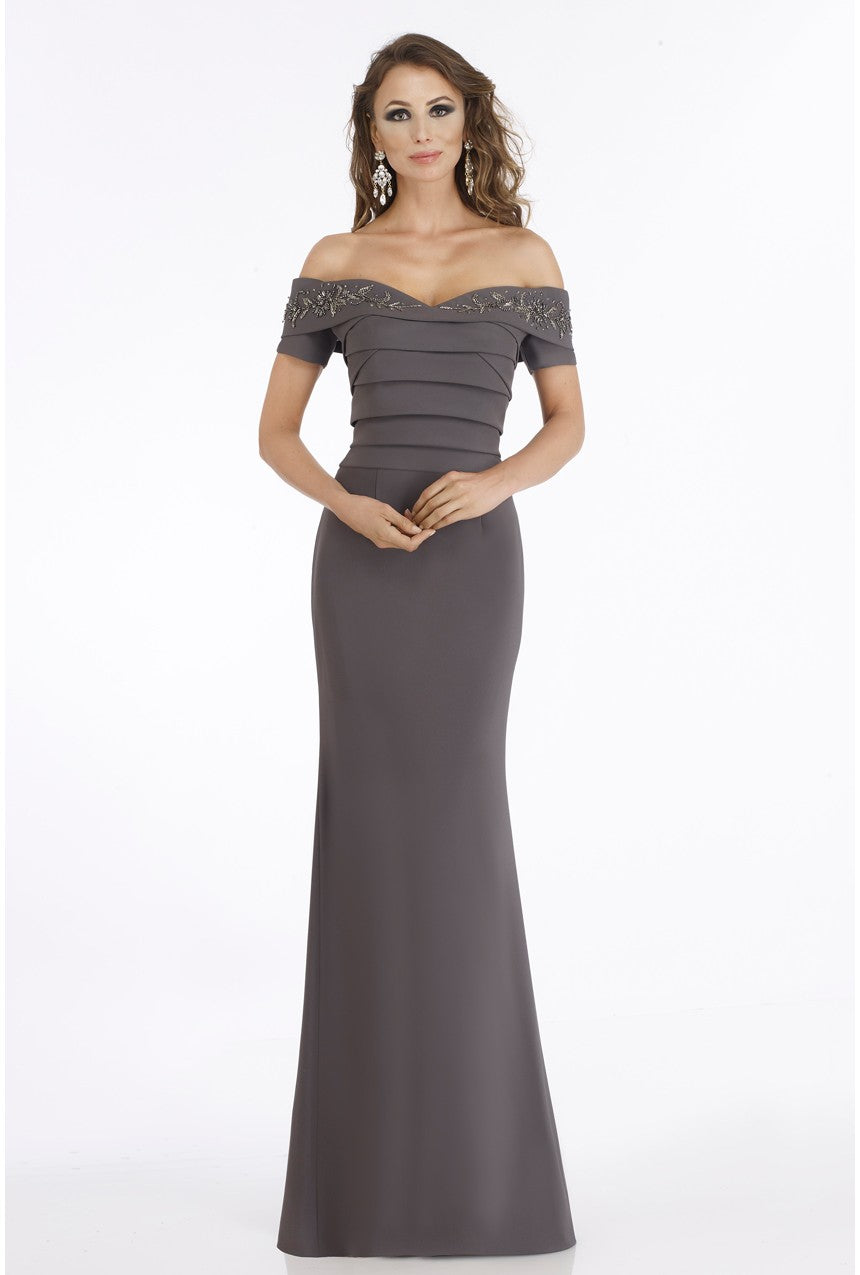 Off-the-shoulder evening dress by Gia Franco with glittering bead embellishments on the bodice. Perfect for evening events and mother of the bride or groom attire.