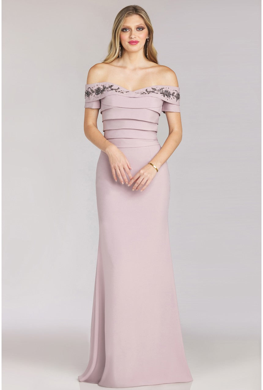 Off-the-shoulder evening dress by Gia Franco with glittering bead embellishments on the bodice. Perfect for evening events and mother of the bride or groom attire.