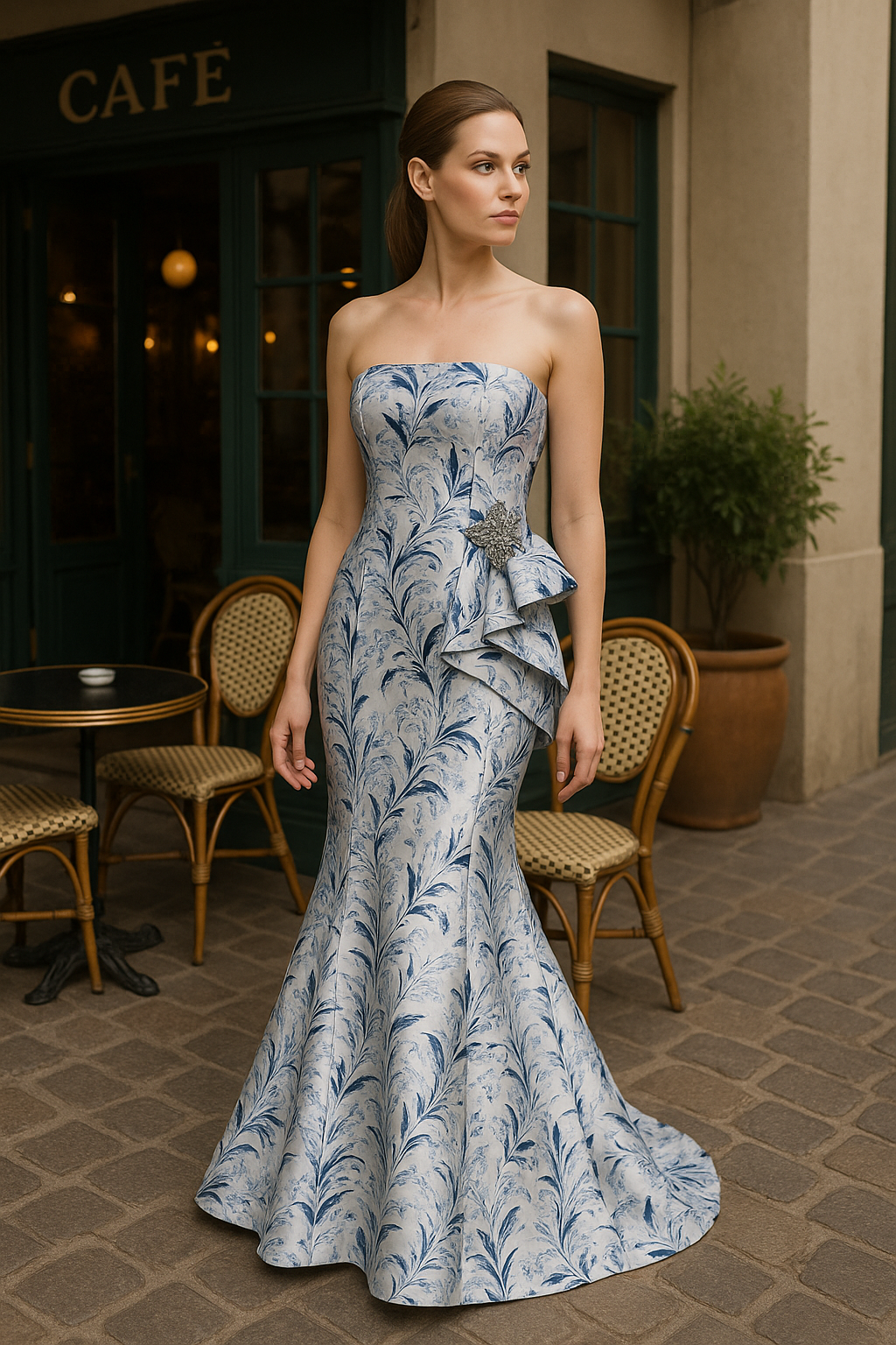 Model wearing Gia Franco 18507 strapless jacquard gown with swirl pattern and side ruffle detail.