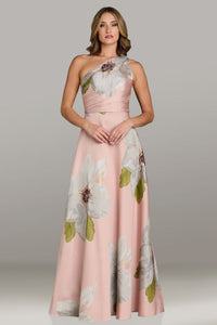 Model wearing Gia Franco 18544 one-shoulder floral A-line gown with ruched waist detail.