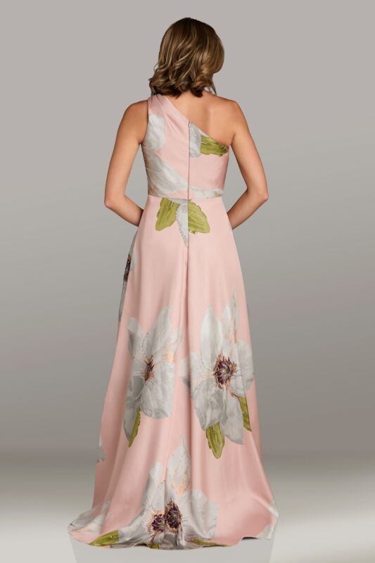 Model wearing Gia Franco 18544 one-shoulder floral A-line gown with ruched waist detail.  Back view of the dress.