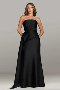 Gio Franco 12536 strapless gown with a draped bodice, side bow accent, and full-length silhouette. Ideal for formal evenings and weddings.  Model is wearing the color black.