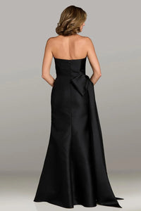 Gio Franco 12536 strapless gown with a draped bodice, side bow accent, and full-length silhouette. Ideal for formal evenings and weddings.  Model is wearing the color black.  Back View.