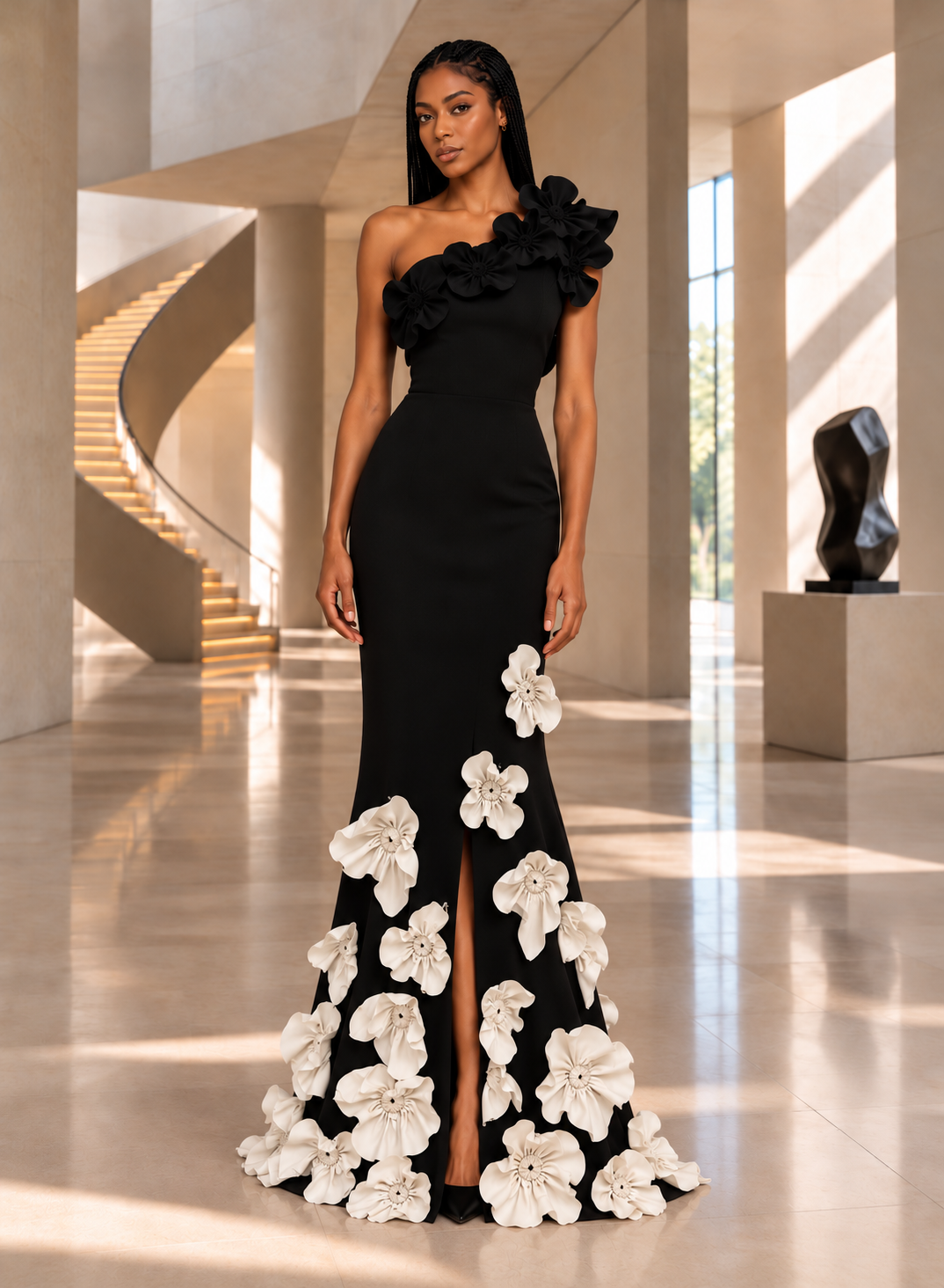 Greta Constantine - Degas - One-Shoulder Floral Appliqué Gown