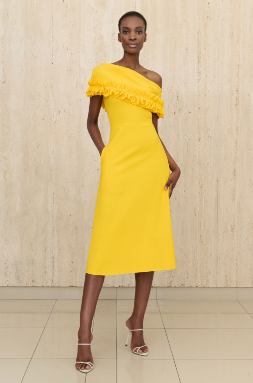 Greta Constantine Lofiyah Ruffle-Trim A-Line Midi Dress - Elegant yellow midi dress featuring an across-the-shoulder ruffle trim and A-line silhouette.