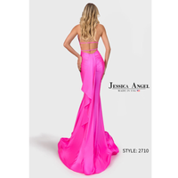 Pink evening gown with 'Jessica Angel' branding on a white background