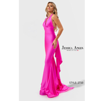 Pink evening gown with a plunging neckline and slit on a white background, featuring the Jessica Angel brand.