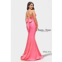 Pink evening gown with a bow detail on a white background, featuring the Jessica Angel brand.