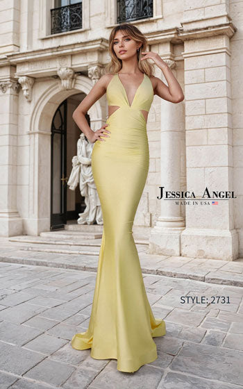 Jessica Angel 2731 mermaid gown featuring a plunging V-neckline, side cutouts, ruched waist, open tie-back design, and flared skirt.
