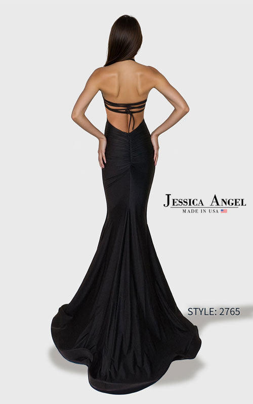 A woman modeling a black strapless mermaid gown from the back, showing an open back with strappy details. The brand name 'Jessica Angel' is visible on the right side of the image, along with the style number 'STYLE: 2765'.