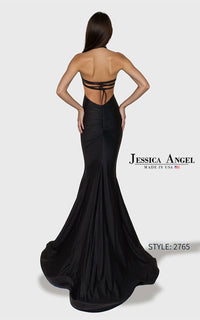 A woman modeling a black strapless mermaid gown from the back, showing an open back with strappy details. The brand name 'Jessica Angel' is visible on the right side of the image, along with the style number 'STYLE: 2765'.