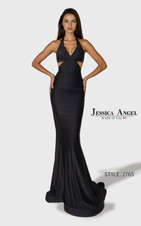 A woman modeling a floor-length black halter gown with side cutouts and a fitted mermaid silhouette, shown against a light gray studio background. The text 'Jessica Angel Made in USA' and 'STYLE: 2765' appear on the right.