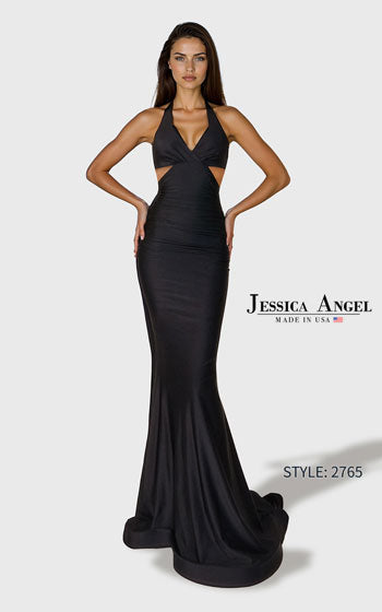 A woman modeling a floor-length black halter gown with side cutouts and a fitted mermaid silhouette, shown against a light gray studio background. The text 'Jessica Angel Made in USA' and 'STYLE: 2765' appear on the right.