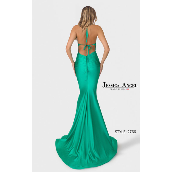 Green evening gown with open back on a white background, featuring the Jessica Angel brand.