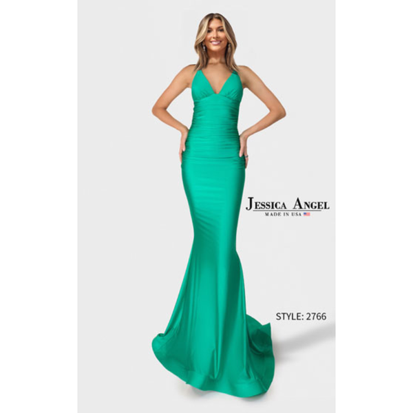 Green evening gown on a model with 'Jessica Angel' branding on a white background