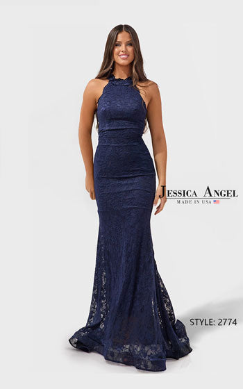 Navy blue evening gown with lace details on a white background, featuring the brand 'Jessica Angel'.