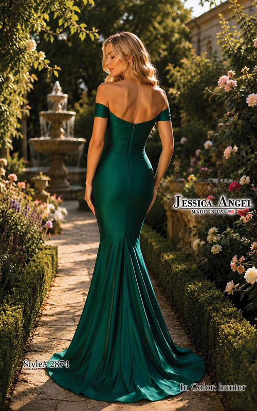 A woman stands in a garden wearing an off-the-shoulder emerald green mermaid gown with a long train. The image includes 'Jessica Angel Made in USA' branding and 'Style 2854 In Color hunter' text overlays.
