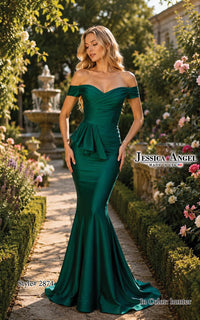 A woman stands in a garden wearing an off-the-shoulder emerald green evening gown with a sweetheart neckline, ruched bodice, peplum detail, and a mermaid-style flared skirt. The image includes the text 'Jessica Angel Made in Mexico' and 'Style 2874 in Color hunter'.
