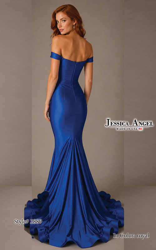 A woman modeling a royal blue off-the-shoulder mermaid gown from the back, shown against a neutral studio backdrop. The brand name 'Jessica Angel' is visible on the right side of the image.