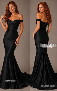 A woman modeling a black off-the-shoulder mermaid evening gown in front and back views against a plain taupe studio background. The image includes the text 'Jessica Angel Made in USA' and 'Style# 2889 In Color black'.