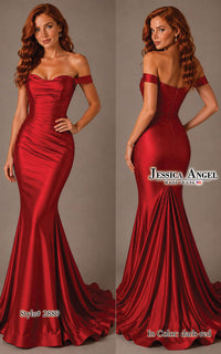 A woman modeling a dark red off-the-shoulder mermaid gown, shown in front and back views against a plain gray studio background. The brand name Jessica Angel is visible on the image.