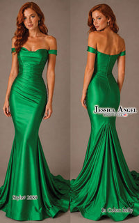 A woman modeling an off-the-shoulder emerald green satin mermaid gown, shown in front and back views against a plain taupe studio background. The brand name Jessica Angel is visible on the right side.