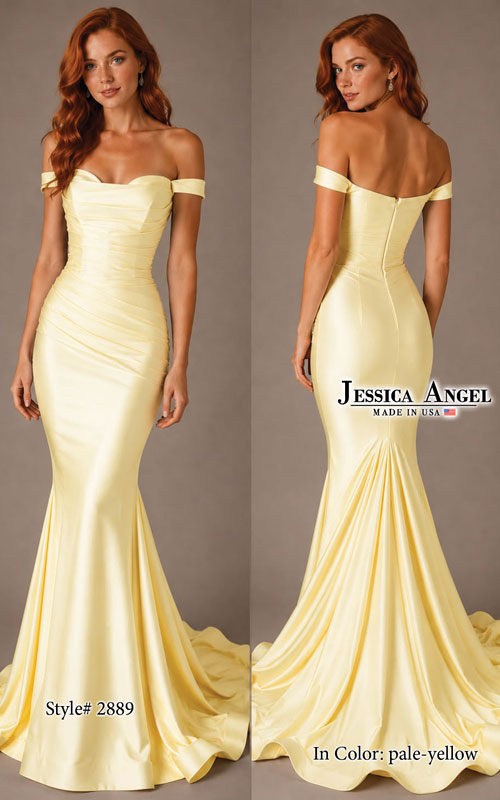 A pale yellow off-the-shoulder mermaid-style evening gown shown on a model from the front and back against a plain taupe studio background. The image includes the text 'Style# 2889', 'In Color: pale-yellow', and a visible 'Jessica Angel' brand mark.