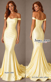 A pale yellow off-the-shoulder mermaid-style evening gown shown on a model from the front and back against a plain taupe studio background. The image includes the text 'Style# 2889', 'In Color: pale-yellow', and a visible 'Jessica Angel' brand mark.