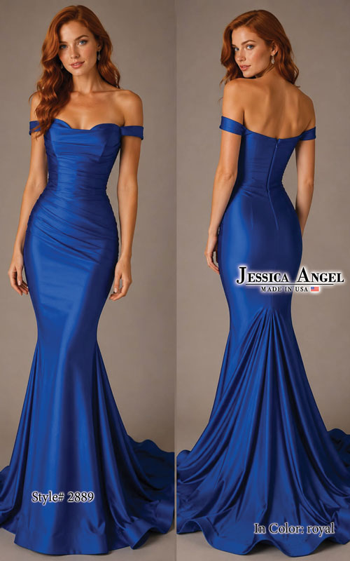 A woman modeling an off-the-shoulder royal blue satin mermaid gown, shown from both front and back against a plain taupe studio background. The front view shows a fitted bodice and full mermaid skirt with a slight train.