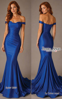 A woman modeling an off-the-shoulder royal blue satin mermaid gown, shown from both front and back against a plain taupe studio background. The front view shows a fitted bodice and full mermaid skirt with a slight train.