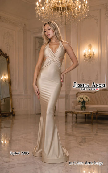 A woman models a floor-length champagne beige halter gown with a draped crossover bodice and a fitted mermaid silhouette in an elegant indoor room with chandeliers and marble floors. Visible text includes 'Jessica Angel Made in USA' and 'Style# 2895 In Color: dark beige'.