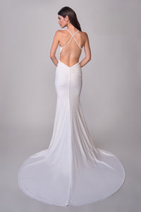 Joelle Oliva By La Femme J2128 Ava Bridal Dress - A chic luxe jersey gown with a deep V neckline and flattering ruched waist, perfect for brides seeking modern and timeless elegance.